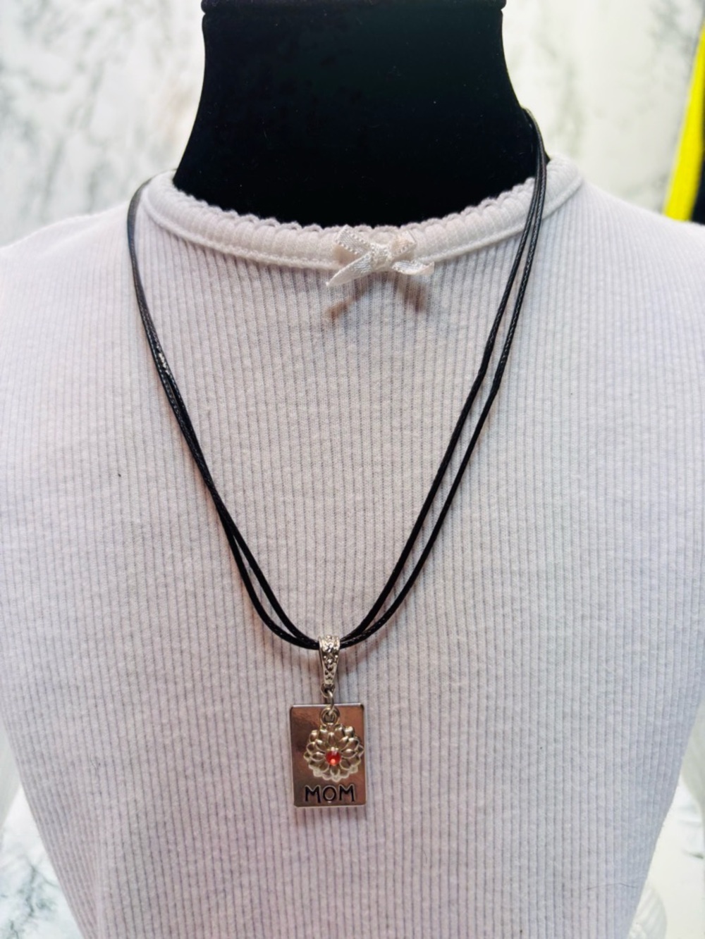 Mom Pendant Necklace in Black with Floral Accent leather Chain Mothers Day